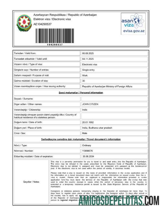 imprimível Modelo de visto eletrônico do Azerbaijão em formatos Word e PDF, versão 2